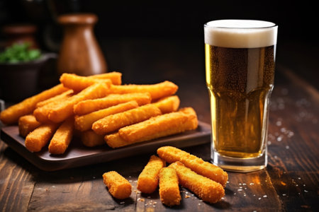 mozzarella sticks near cold glass of beer, created with generative aiの素材