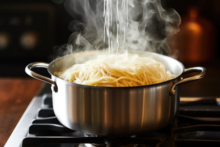 a pot filled with boiling water and fettuccine pasta, created with generative aiの素材