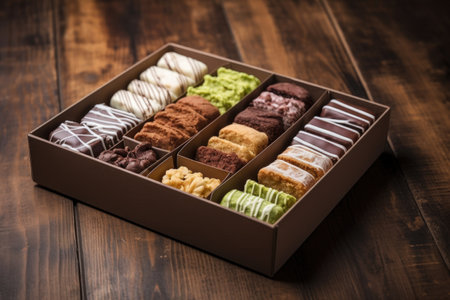 protein bars assorted in a wooden box, created with generative aiの素材