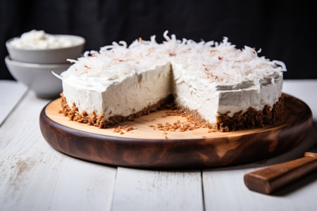 raw vegan coconut cream pie on a wooden board, created with generative aiの素材