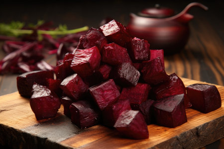 a pile of small oven-roasted beets on a wooden chopping board, created with generative aiの素材