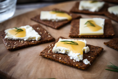 rye cracker halves with a smear of cheese spread on them, created with generative aiの素材