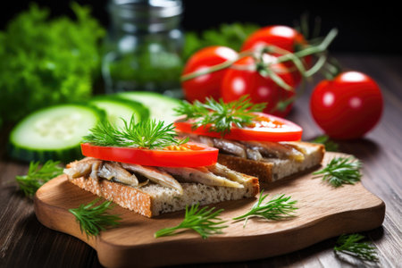marinated anchovies sandwich with tomato and cucumber, created with generative aiの素材