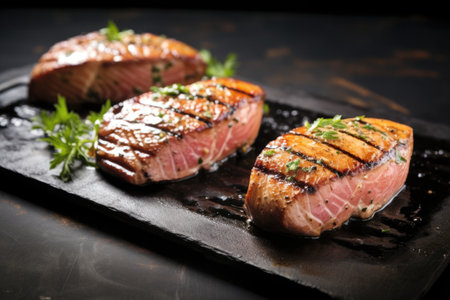 trio of seared tuna steaks arranged on a slate plate, created with generative aiの素材