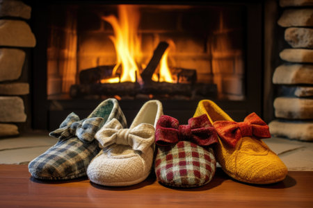 trio of family slippers in different sizes by a brick fireplace, created with generative aiの素材