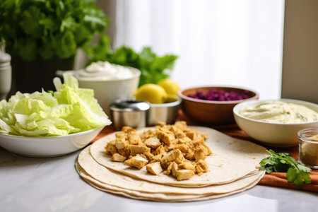 ingredients for making shawarma displayed on table, created with generative aiの素材