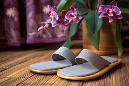slippers on a bamboo mat with a blooming orchid on the side, created with generative aiの素材