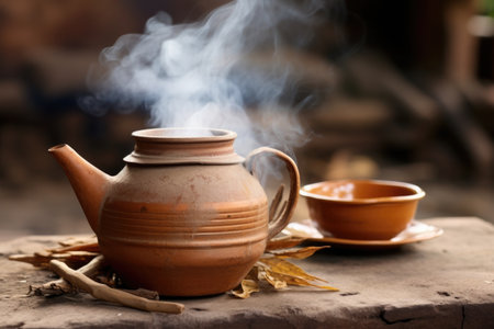 steaming chai in a clay pot on a rough, weathered table, created with generative aiの素材