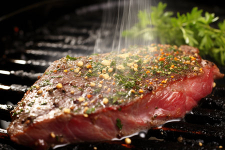 close-up of seasoning sprinkled on a sizzling steak, created with generative aiの素材
