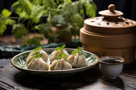 steamed dumplings on an artisanal pottery plate near a bonsai tree, created with generative aiの素材