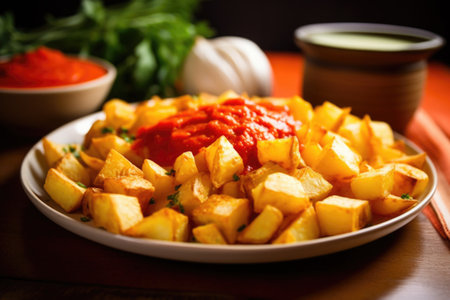 a plate of patatas bravas with spicy red sauce, created with generative aiの素材