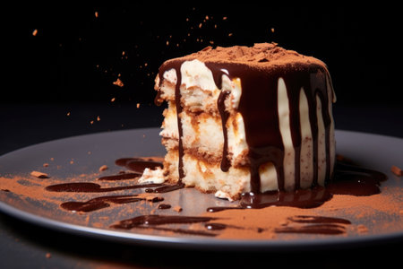 tiramisu with a bite taken out, shot against a solid colour background, created with generative aiの素材