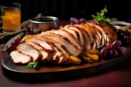 sliced roast turkey placed on a platter, created with generative aiの素材