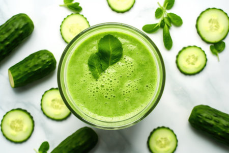 top-down view of a cucumber juice surrounded by fresh cucumbers, created with generative aiの素材