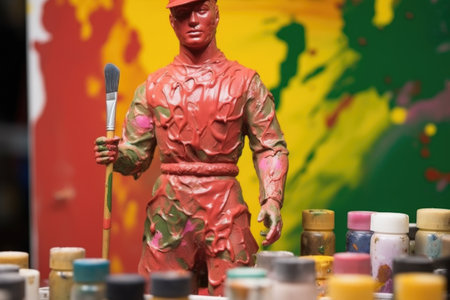 close up of action figure half-painted on painting stand, created with generative aiの素材