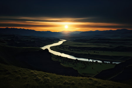 total solar eclipse plunging a landscape into darkness, created with generative aiの素材