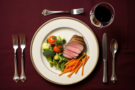 a top-view of a well-balanced dinner plate, created with generative aiの素材