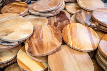 pile of wooden stool tops after polishing, created with generative aiの素材