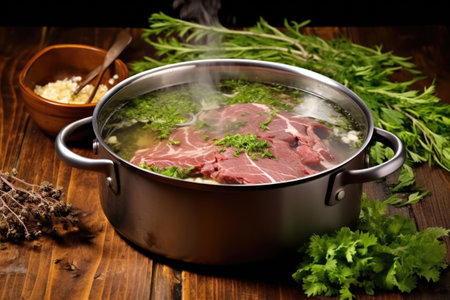 beef roast in cooking pot with steam rising and scattered herbs, created with generative aiの素材