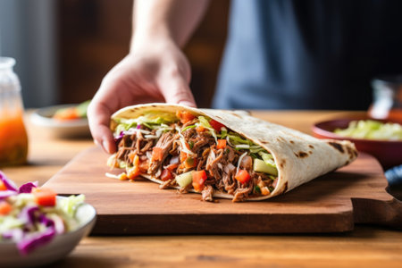 hand holding beef taco over chopping board, created with generative aiの素材