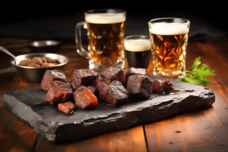 dark stout paired with burnt ends on a slate board, created with generative aiの素材