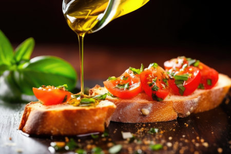 drizzling olive oil using a small spoon on bruschetta, created with generative aiの素材