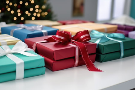 gift boxes wrapped in company colors on a clean table, created with generative aiの素材