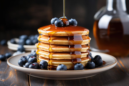 stack of fluffy pancakes with syrup and blueberries, created with generative aiの素材