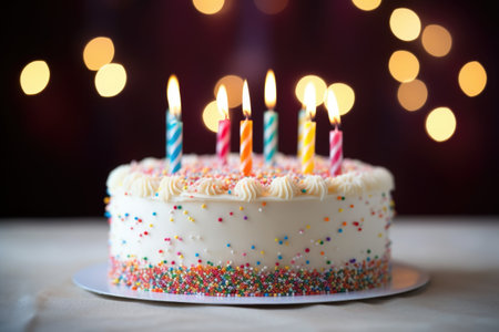 close-up of a cake with brightly lit candles, created with generative aiの素材