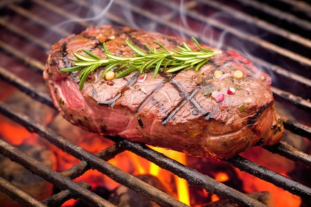 open a steak to reveal pinkish inside over barbecue grill, created with generative aiの素材
