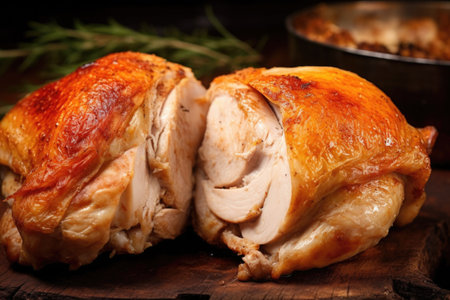 halved chicken thigh revealing fully cooked, white meat inside, created with generative aiの素材