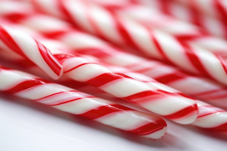 close-up of a red and white candy cane, created with generative aiの素材