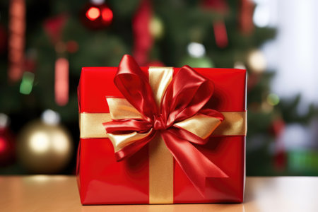 a red ribbon bow tied around a christmas present, created with generative aiの素材