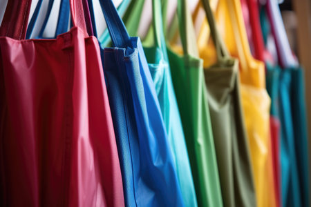 close-up view of reusable shopping bags in various colors, created with generative aiの素材