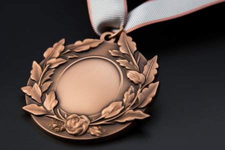 detailed shot of a bronze medal with laurel accents, created with generative aiの素材