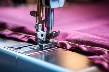 close-up shot of sewing machine stitching corduroy material, created with generative aiの素材