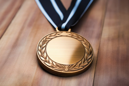detailed close-up of a bronze medal on a wooden surface, created with generative aiの素材