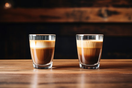 two cups of coffee side by side on a wooden table, created with generative aiの素材