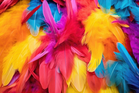 brightly dyed feathers used for embellishing costumes, created with generative aiの素材