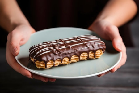 hand holding an eclair topped with thin, zigzag chocolate stripes on a stoneware plate, created with generative aiの素材