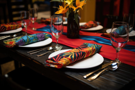 table setting, silverware, plates, and decorated napkins, created with generative aiの素材