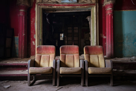 old-style cinema seats in an indian movie theater, created with generative aiの素材