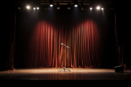 a microphone left alone on a stage, created with generative aiの素材