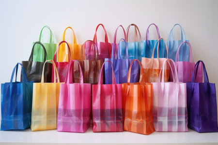 collection of colorful gift bags with matching tissue paper, created with generative aiの素材