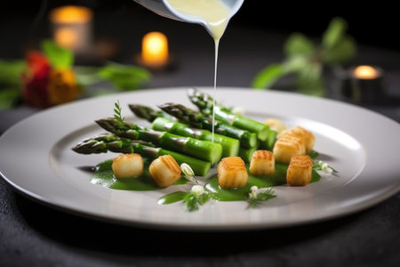 plating gnocchi with asparagus with tong, created with generative aiの素材