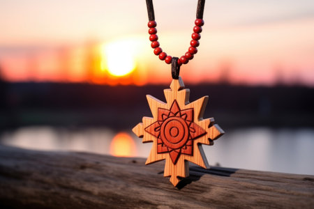 a wooden mentors talisman against the backdrop of a sunset, created with generative aiの素材