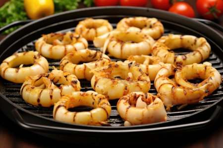 sizzling calamari rings on a grill pan, created with generative aiの素材