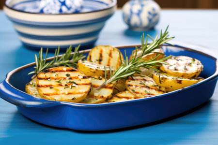 grilled potato dish, rosemary garnish on blue ceramic platter, created with generative aiの素材