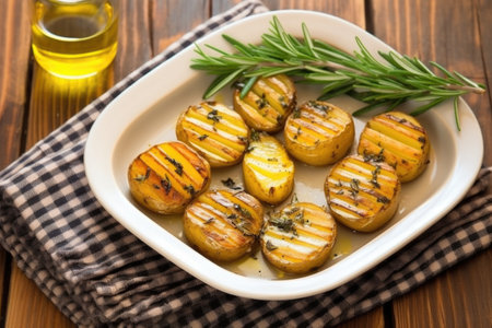 top view of grilled potatoes with rosemary on a wooden table, created with generative aiの素材