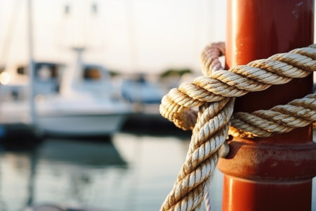 close-up of nautical ropes tied on a bollard at the marina, created with generative aiの素材